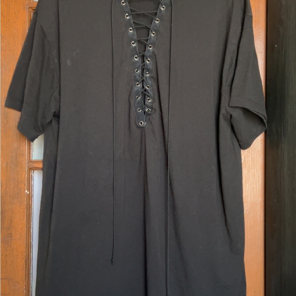 SHEIN Black Short Sleeve Lace-Up women’s Teeshirt dress
